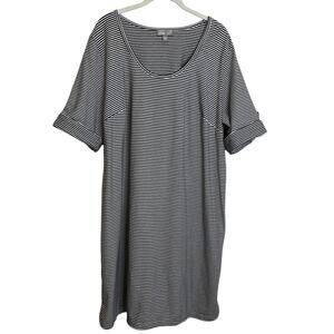 J Jill Perfect Pima Jersey Knit Dress 2X Black White Striped Roll Tab Sleeves